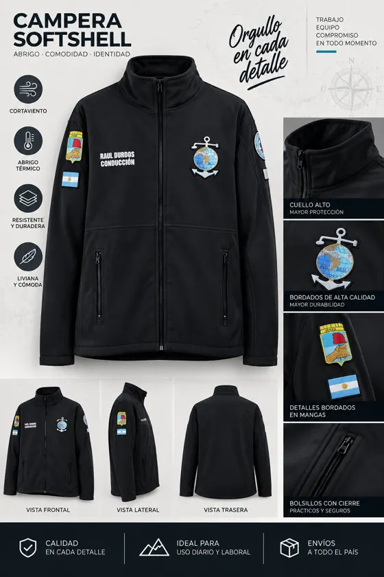Campera softshell negra con bordados