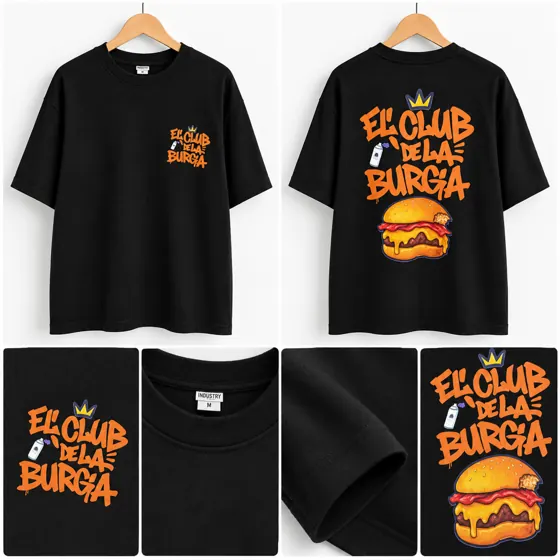 Remera negra con diseño de El Club de la Burgia