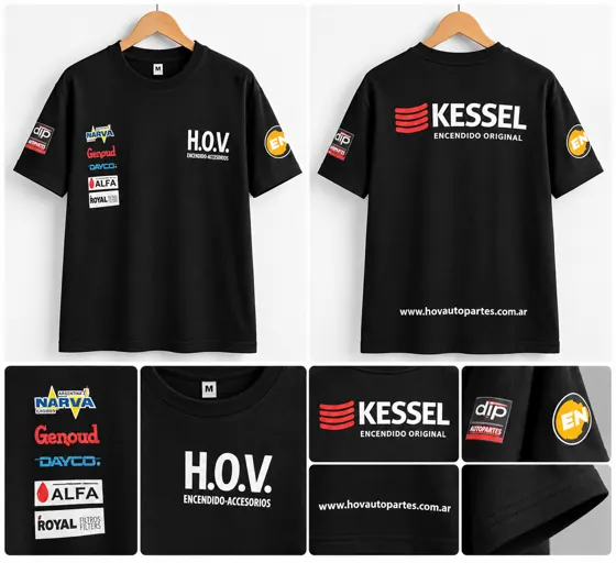 Remeras corporativas negras de H.O.V. Autopartes