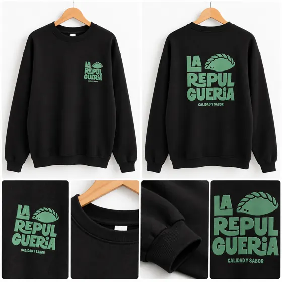 Buzo negro con estampa verde de La Repul Guería